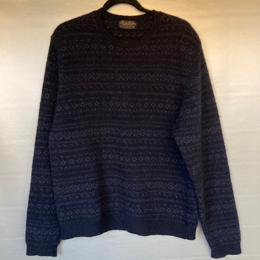 Brooks Brothers Navy Blue Wool Shetland Fair Isle Crewneck Sweater Size L